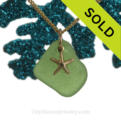 Green Sea Glass Necklace With 14K G/F Shell Charm - 18" Goldfilled Curb Chain INCLUDED!!