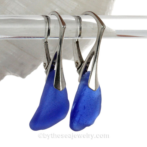 Larger Nice Blue Genuine Sea Glass Earrings On Solid Sterling Silver Leverbacks