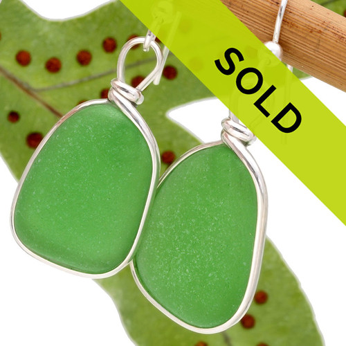 Large bright green sea glass pieces are set in our Original Wire Bezel© earring setting.
This is the EXACT pair you will receive!