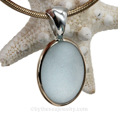 Perfect Baby Blue Sea Glass Pendant In Tiffany Deluxe Wire Bezel Setting© 