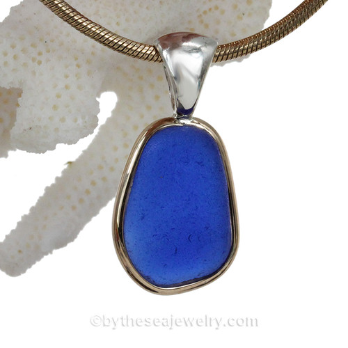 Smaller Thick Cobalt Blue Sea Glass In Tiffany Deluxe Wire Bezel© Pendant