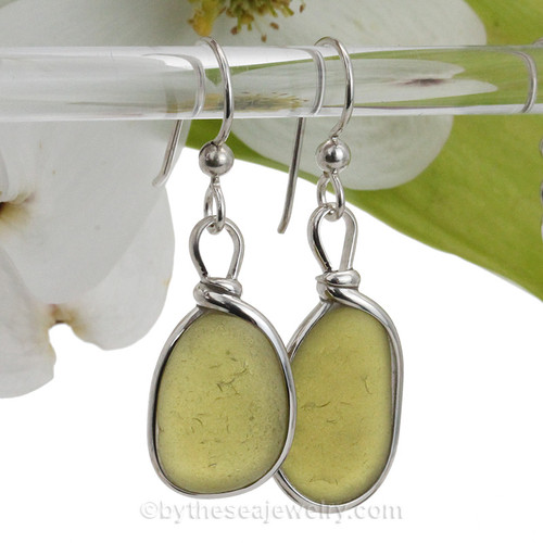 Spring Green Genuine Sea Glass Earrings In Sterling Silver Original Bezel©
