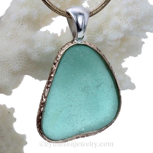 Aqua Blue Sea Glass In Deluxe Wire Bezel© pendant