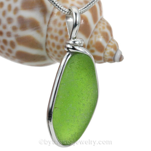 Lime Green Genuine Sea Glass Pendant in our Original Wire Bezel© in Sterling Silve