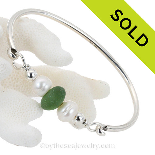  Aqua Sea Glass Sterling Bangle Bracelet W/ Large Freshwater Pearls