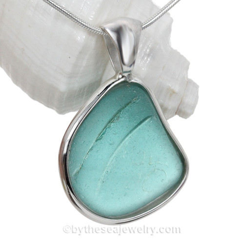 Striped Aqua Natural Sea Glass Deluxe Sterling Wire Bezel© Pendant