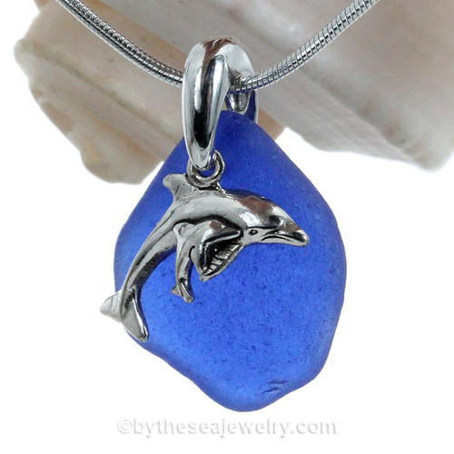 Blue Sea Glass With Sterling Silver Dolphins Charm 