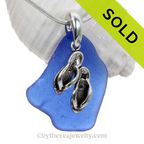 Larger Blue Sea Glass Necklace On Sterling Bail With Sterling Silver Flip Flops Charm - S/S CHAIN INCLUDED