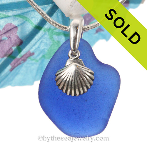  Blue Sea Glass With On Sea Shell With Sterling Shell Charm- S/S CHAIN INCLUDED