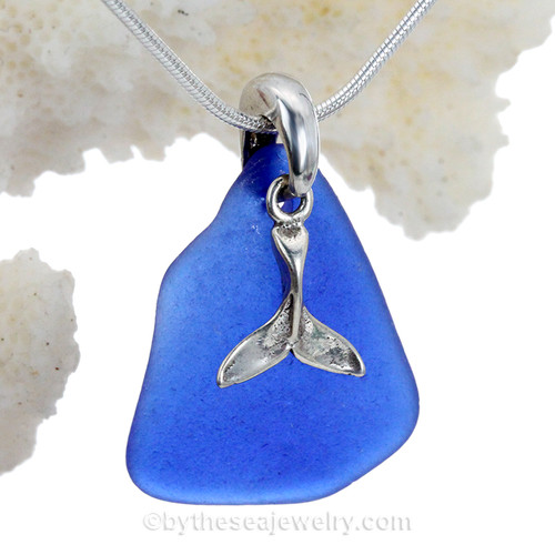 Blue Sea Glass Necklace On Sterling Bail With Sterling Silver Cetacean Charm
