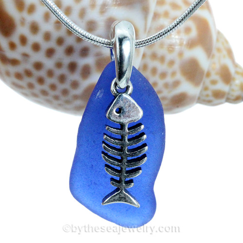 Blue Sea Glass Necklace On Sterling Bail With Sterling Silver Fish Bones Charm