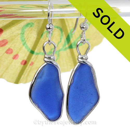 Organic Longer Cobalt Blue Sterling Sea Glass Earrings Sterling Wire Bezel©