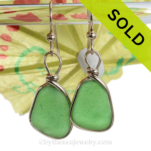 Classic Green Sea Glass In Original Wire Bezel Earrings In 14K Rolled Gold 