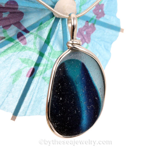 Vibrant Blue Seaham multi sea glass set in Sold Sterling Silver Deluxe Wire Bezel© pendant setting.