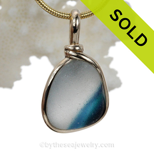 Mixed Electric Aqua Blue Multi Sea Glass Pendant In 14K 