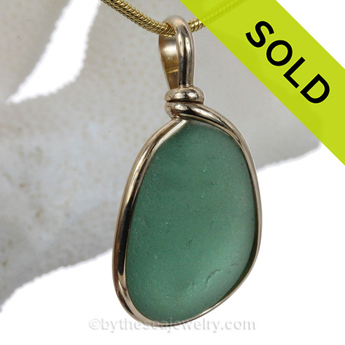 Smokey Green Aqua Genuine Sea Glass Pendant In Gold Original Wire Bezel© Pendant