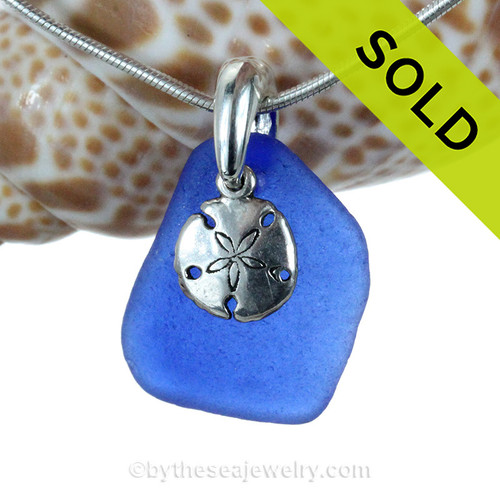 Cobalt Blue Beach Found Sea Glass With Sandollar Charm Necklace - S/S CHAIN INCLUDED