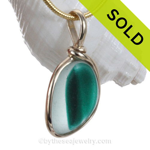 Teal Dab - Turquoise & White English Art Sea Glass Pendant In 14K G/F Original Wire Bezel©