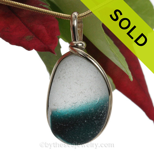 Teal Pool - Turquoise & White English Art Sea Glass Pendant In 14K G/F Original Wire Bezel©