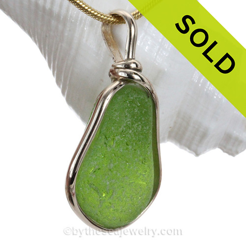 Large Frosted Lime Green Sea Glass In Original 14K Goldfilled Wire Bezel© Necklace Pendant