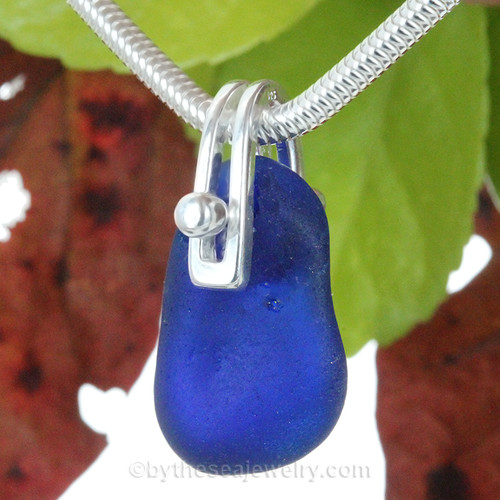 Cobalt Blue Sea Glass Necklace On Sterling  Horseshoe Bail- Solid Sterling 