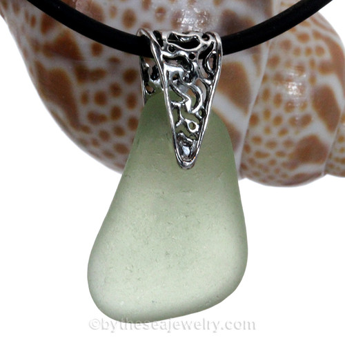 Soft Sea Green Natural Sea Glass Necklace Set On Silver Bail With Black 2MM Neoprene Cord