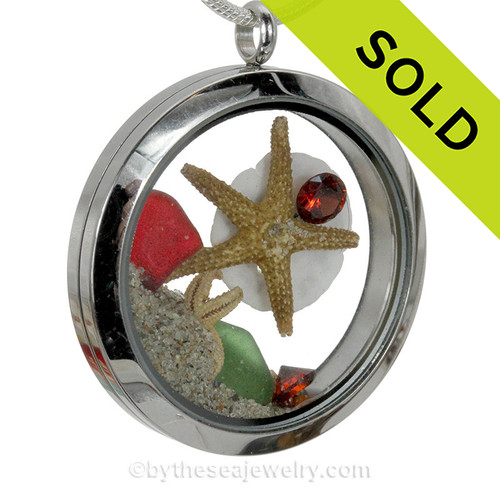 Genuine Red and Green Sea Glass, Sandollar, Ruby Gems & Beach Sand - JUMBO 35MM Locket 