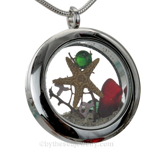 Rare red sea glass and a real starfish and beach make this a great locket necklace for the holidays.