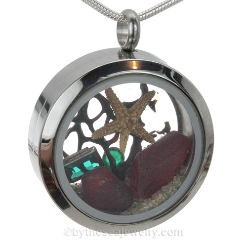 Rare red and green sea glass and a real starfish and beach make this a great locket necklace for the holidays.