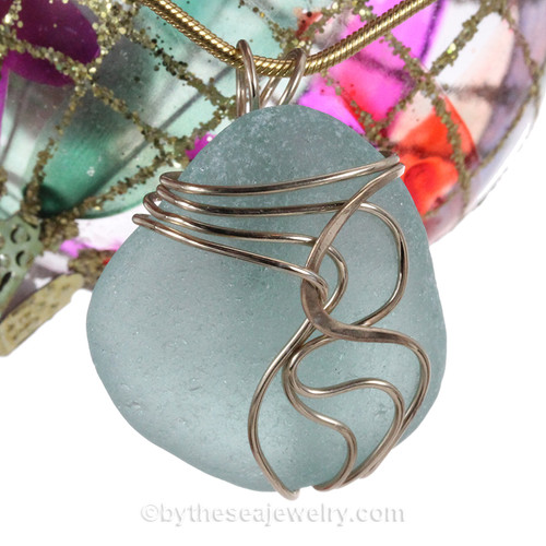 Large Deep Sea Blue Green Sea Glass 14K G/F Waves© Setting Necklace Pendant 