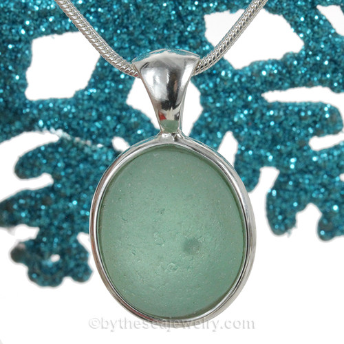 Sea Bubble - Thick Round Green Sea Glass In Sterling Silver Deluxe Wire Bezel© Pendant