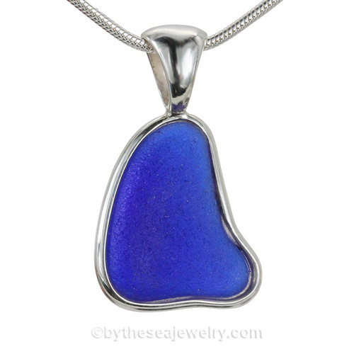 Blue Natural Sea Glass In Deluxe Sterling Bezel© Necklace Pendant 