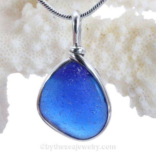 P-E-R-F-E-C-T Bright Blue Genuine Sea Glass Pendant In Sterling Original Wire Bezel©