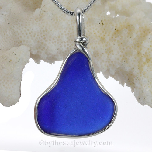 Organic Shaped Vivid Cobalt Blue Sea Glass In a Solid Sterling Silver Wire Bezel© Pendant