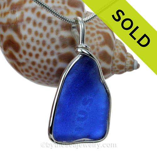 LARGE Cobalt Blue Embossed Genuine Sea Glass Pendant In Sterling Bezel