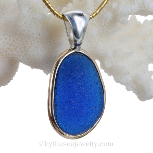 Long Large Bright Blue Sea Glass In Tiffany Deluxe Mixed Metal Wire Bezel© Necklace Pendant