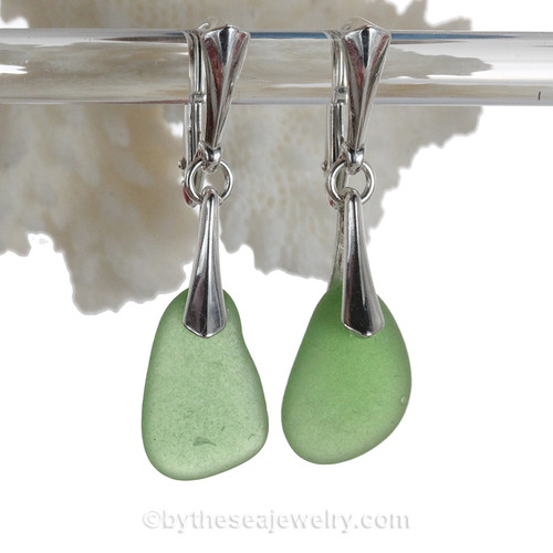 Bright Green Genuine Sea Glass Solid Sterling Silver Dangly Deluxe Leverback Earrings.