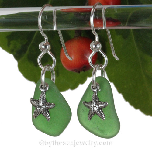  green sea glass pieces are set with 14K Goldfilled starfish charms on professional grade earring wires.