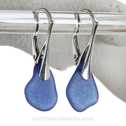 Genuine Medium Blue Sea Glass Earrings on Solid Sterling Leverbacks