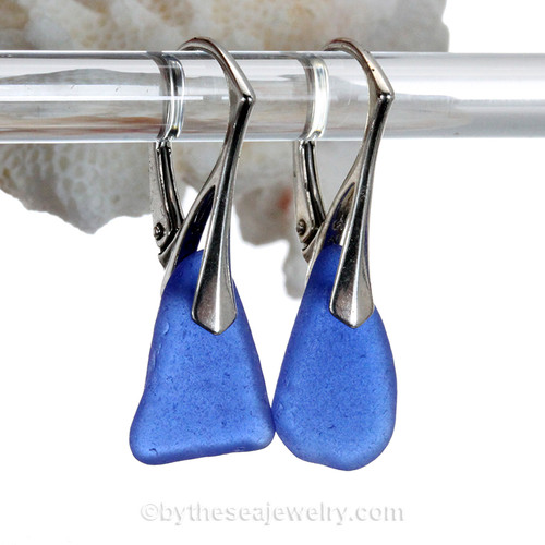 Genuine Blue Sea Glass Earrings on Solid Sterling Leverbacks 