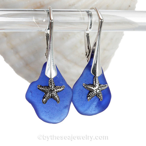 Blue Sea Glass Earrings On Sterling W/ Solid Sterling Starfish Charms On Leverbacks 