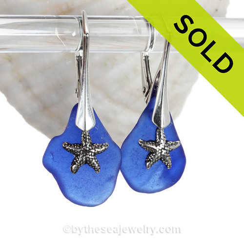 Organic Blue Sea Glass Earrings On Sterling W/ Solid Sterling Starfish Charms On Leverbacks