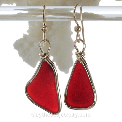 LARGE Bright Ruby Red Genuine Sea Glass Earrings