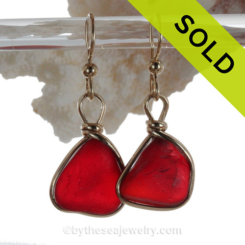 Chunky Rare RED/ORANGE Genuine Sea Glass in our Original Wire Bezel©earring