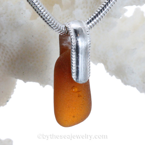 Honey Amber Sea Glass Necklace On Sterling  Horseshoe Bail- Solid Sterling 