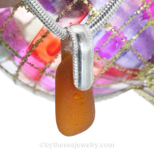 Honey Amber Sea Glass Necklace On Sterling  Horseshoe Bail- Solid Sterling 