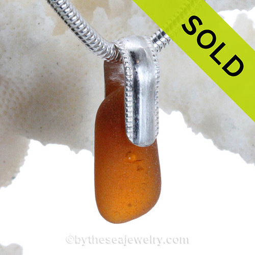 Honey Amber Sea Glass Necklace On Sterling  Horseshoe Bail- Solid Sterling 