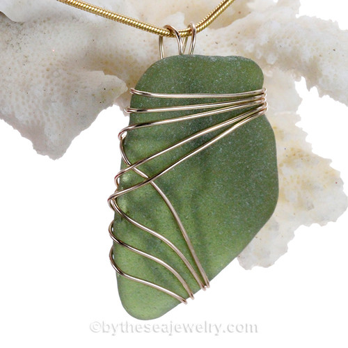 Huge Seaweed Green Sea Glass Necklace Pendant In 14K Goldfilled Triple Wirewrapped Setting