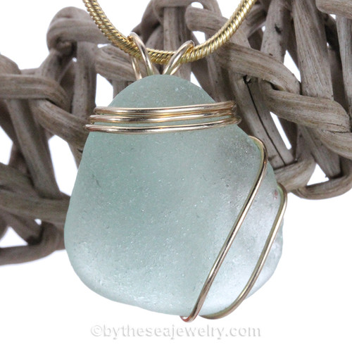 Large Seafoam Green Genuine Sea Glass In 14K Goldfilled Triple Necklace Pendant
