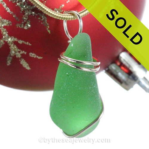 Simple  Green Sea Glass In Gold Basic Beach Wrapped Pendant.